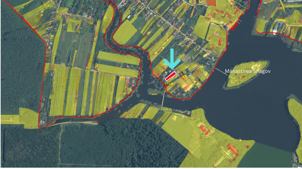Teren Manastirea Snagov. Deschidere lac 22 m. Front stradal 30 metri. 
